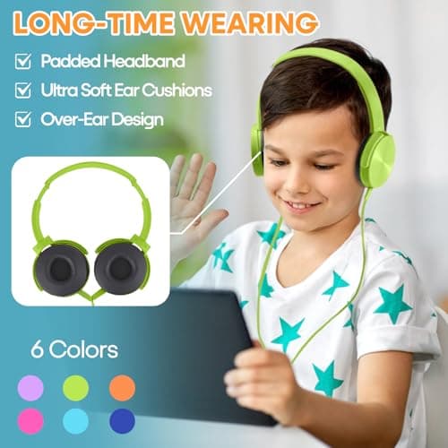 Wensdo 6 Pack Kids Headphones Bulk for School Classroom Students Wired Headsets, Durable Earphones for Children, Library Airplane Online Learning and Travel (6 Mixed Colors) — view 2