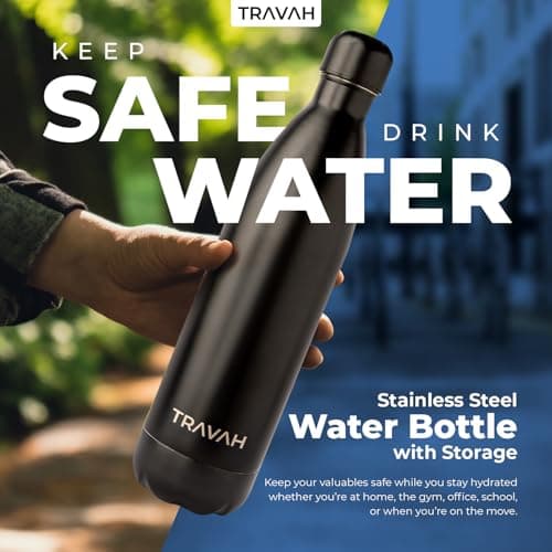 Travah Travel Water Bottle Stainless Steel with Storage for Cash, Keys, Valuables Insulated Bottle for Men and Women Hot and Cold Water Bottle Leak-Proof (Matte Black) — view 4