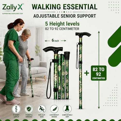 ZallyX Foldable Walking Sticks for Men & Women, Adjustable height (85–95cm) Ladies Walking Stick, Mobility aids, Collapsible walking stick For Elderly Adults (Green Flower) — view 5