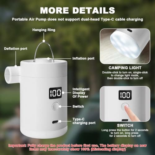 Portable Air Pump for Inflatables: 4000mAh Type-C Rechargeable Battery Powered Ultra-Mini Electric Air Pumps with 5 Nozzles & Camping Light for Air Mattress Air Bed Pool Floats Raft (White) — view 6