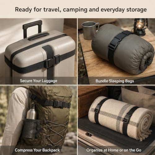 Solvind 2 Pack Luggage Straps, 1.5m Adjustable Heavy Duty Nylon Webbing Straps with Quick Release Buckles for Suitcase Camping Travel Backpack Compression, Black — view 5