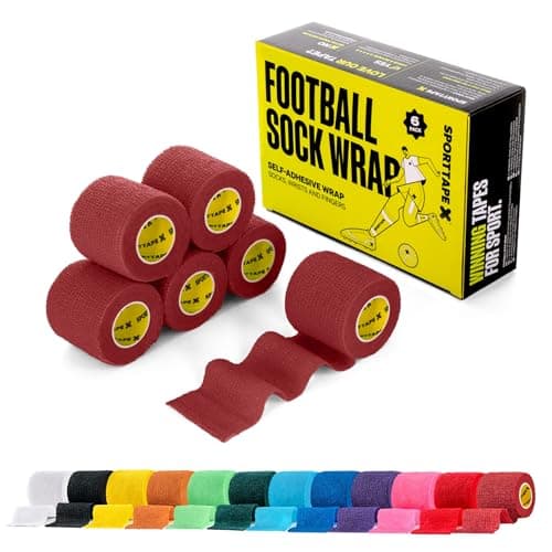 SPORTTAPE 6 Rolls Football Sock Tape, 5cm x 4.5m, Maroon, Self-Adhesive