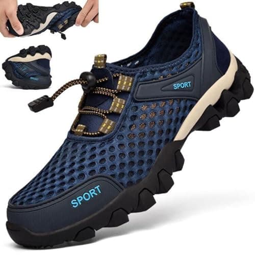 Men's Summer Mesh Breathable Hiking Walking Shoes, Comfortable Outdoor Travel Fashion Casual Sports Footwear Blue — view 3