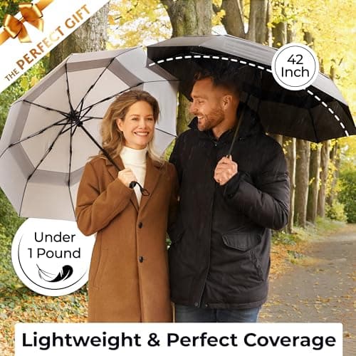 TUMELLA Strongest Windproof Travel Umbrella (Compact, Superior & Beautiful), Small Strong but Light Portable and Automatic Folding Rain Umbrella, Durable Premium Grip, Fits Car & Backpack Black Grey — view 5