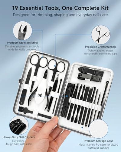 Manicure Set, 19 Pieces Professional Stainless Steel Nail Clippers with Black Leather Storage Case, Portable Care Kit for Travel or Home, Gifts — view 2