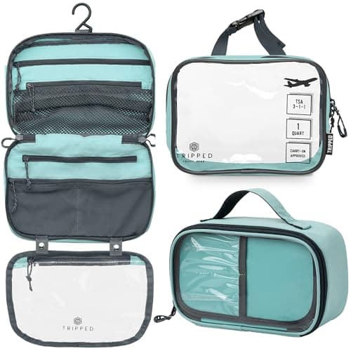 Toiletry Bag Kit Set: Hanging Travel Toiletry Bag + 311 TSA Cosmetic Liquid Bag + Ultralight Accessory Organizer Pouch, Dusty Teal Makeup, 3 Piece Toiletry Set