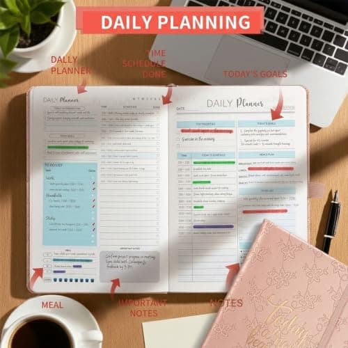 A5 Daily Planner Notebook with Stickers, Faux Leather Cover, 14.8x21.2 cm, Pink, Blue, Green, Schedule, To-Do List, Goals, Meal Plan — view 3