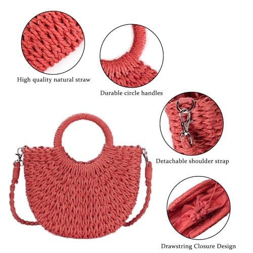 Womens Straw Beach Bag Woven Crossbody Shoulder Bags Top Handle Satchel Handbag Purse for Summer, Red, One Size — view 4