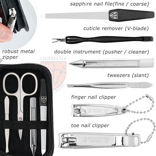 3 Swords Germany - brand quality 8 piece manicure pedicure grooming kit set for professional finger & toe nail care scissors clipper genuine leather case black in gift box - Made by 3 Swords — view 3