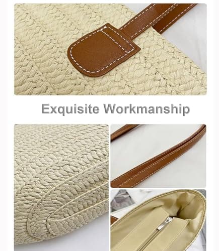 NTUOCAW Straw Beach Bag for Women Summer Beach Bag Large Beach Tote Bag Woman Shoulder Bag for Beach Travel Shopping Vacation Swim Pool Holiday Essentials Beach Tote Bags with Zipper (45cm*30cm*14cm) — view 6