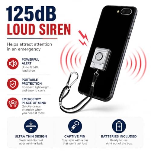 Minder Mobile Phone Personal Alarm 125dB Ultra Thin Anti-Theft Safety Siren with Captive Pin, Carabiner Clip & Fixing Tapes for Phone, Handbag, Rucksack, Travel & Students (Black) — view 2