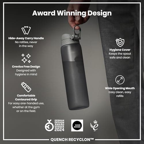 ION8 1 Litre Water Bottle, Leak Proof, Flip Lid, Carry Handle, Rapid Hydration, Dishwasher Safe, BPA Free, Contoured Grip, Ideal for Travel, Gym & Activity, Carbon Neutral Recyclon, 32 oz, Grey — view 6