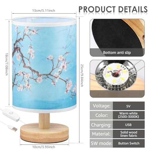 GUIJZSLTRG Table Lamp USB Wooden Bedside Night Lamp with Linen Fabric Lampshade Minimalist Lamps Decorative Bedroom Nightstand Light Vintage Small Nightlight LED Lamp for Home Office Hotel Gift — view 2