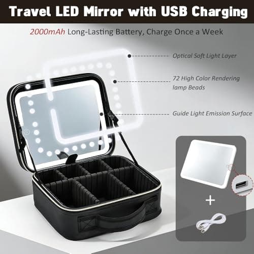 Travel Makeup Bag with LED Mirror, 3 Color Dimmable Light, Waterproof PU Leather Cosmetic Bag with USB Rechargeable & Adjustable Dividers, Makeup Organiser for Women Girls, Black — view 3