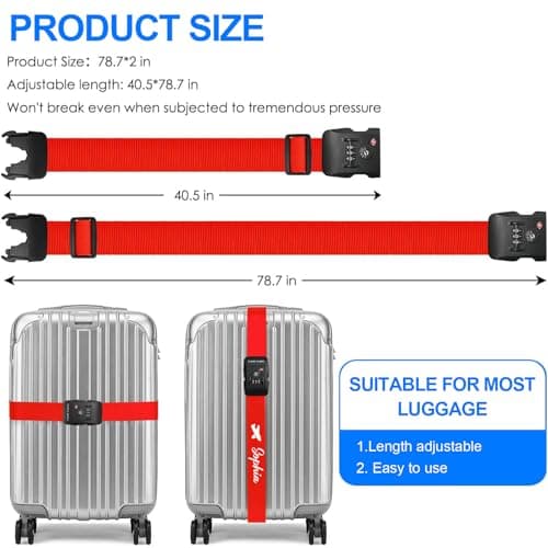 Personalized Luggage Straps Personalized with TSA Approved Lock, Custom Embroidered Name Travel Suitcase Belt with Buckle, 200CM Adjustable Luggage Straps (TSA Approved Lock, 1) — view 6