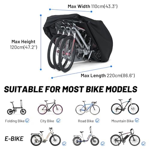 Favoto Bike Cover for 3 Bikes - 210T Waterproof Outdoor Bicycle Storage, Black Cover with Lock Hole, 2 Windproof Buckles & Storage Bag, UV Protection for Mountain & Road Bikes (220×120×110cm) — view 6