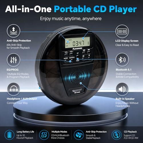 Portable CD Player with Bluetooth and Speaker, 10H Playtime Rechargeable personal CD Player, HiFi Stereo Sound, 60s Anti-Skip Protection, PROG Playback & EQ Modes, Headphones and AUX Cable Included — view 2