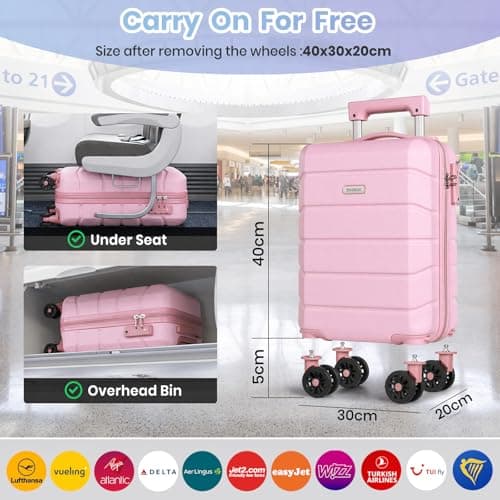 Tavoxda Cabin Suitcase Hand Small Travel Luggage, Carry On Suitcase with ABS Hard Shell Spinner &Removable Wheels for Ryanair, Wizz Air, 40x30x20cm Airline Approved, 16 Inch, Pink — view 4