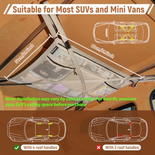 Car Ceiling Cargo Net,31.5"x21.6" Car Overhead Storage Mesh Organizer,Double Layer Roof Mesh Camping Overlanding Gear Must Haves Cargo Net,Road Trip Essentials（ Beige） — view 2
