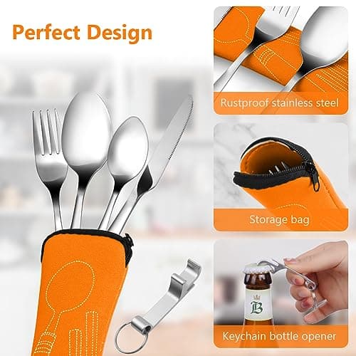 Vicloon 5PCS Stainless Steel Flatware Set with Bottle Opener, Travel Cutlery Set Spoon Knife and Fork with Storage Bag for Camping Picnic Office School Lunch, Orange — view 3