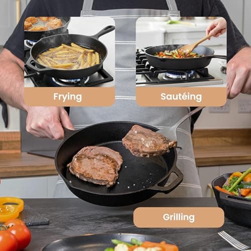 nuovva 2pcs Cast Iron Skillet Set – Pre Seasoned Skillet Frying Pan – Oven Safe Grill Cookware Set for Outdoor & Indoor Use – (Chef Set 10-inch 25cm and 12-inch 30cm) — view 6