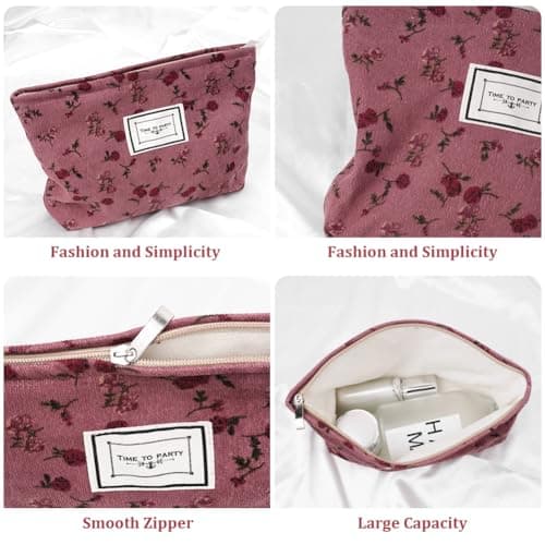 Aucuu Cosmetic Bags for Women, Small Floral Canvas Cosmetic Bag, Rose Flower Printing Corduroy Toiletry Bag, Multifunctional Travel Makeup Bag with Metal Zipper for Women Girls Gift - Red Rose — view 3
