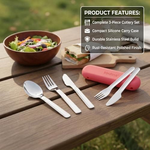 Kichna Travel Cutlery Set with Silicone Case – Reusable Knife Fork Spoon Set, Stainless Steel Portable Utensils for Lunch Box, Work, Camping & Travel – Dusty Berry Red — view 5