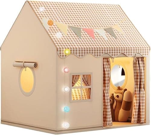 Kids Tent Playhouse with Star Lights and Tote Bags, Kids Play Tent Indoor & Outdoor, Washable Teepee Tent for Boys & Girls, Toy House for Toddler, Neutral Color Play Room Furniture (Beige-1)