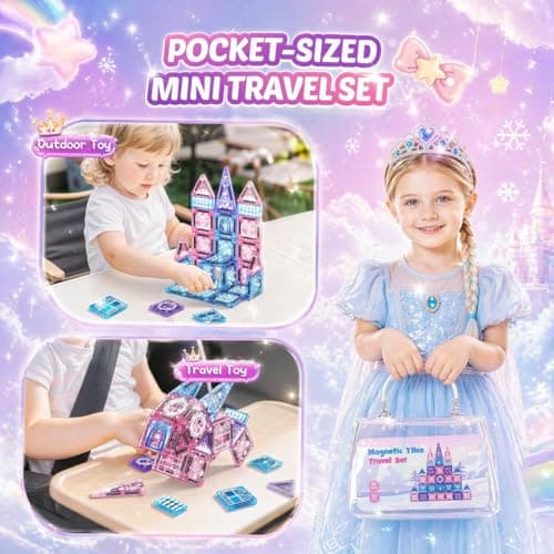 Travel Magnetic Tiles for Kids 43 Pcs, Mini Magnatiles Travel Set Magnet Toys for 3 4 5 6 Year Old Girls Toddler Plane Activities Games Magnetic Blocks Building Birthday Gifts for Girl Princess — view 3
