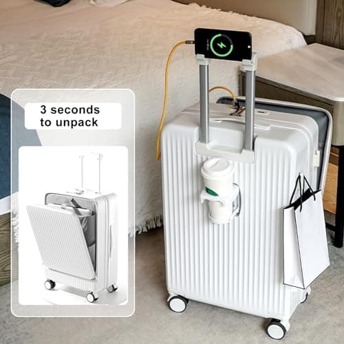 cadciehe 24in Aluminium Frame Hardside Expandable Spinner Wheel Luggage, Front Open Carry on Luggage, Built-in Lock Carry on Suitcase, with Cup Holder & USB Type-C Charging Port & Phone Stand White — view 4