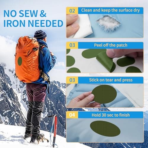 Skystuff 24PCS Self-Adhesive Nylon Repair Patches for Tent, Down Jacket, Clothing & Puffer Coat - Heavy Duty Waterproof Fabric Tape Repair Kit for Outdoor Gear, Sleeping Bag, Backpack, Army Green — view 4