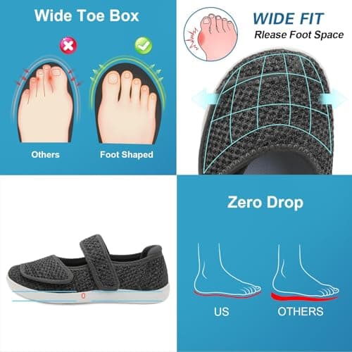 JOINFREE Womens Wide Fit Comfort Walking Shoes Mary Jane Black Grey — view 3