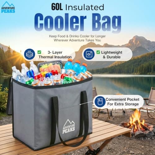 ADVENTURE PEAKS Insulated Cooler Bag – 60L Cool Bag W/Shoulder Strap, Carry Handles, Front Pocket & Secure Zipper Design – Ideal for Keeping Food and Drinks Cool During Picnics and Outdoor Events — view 2