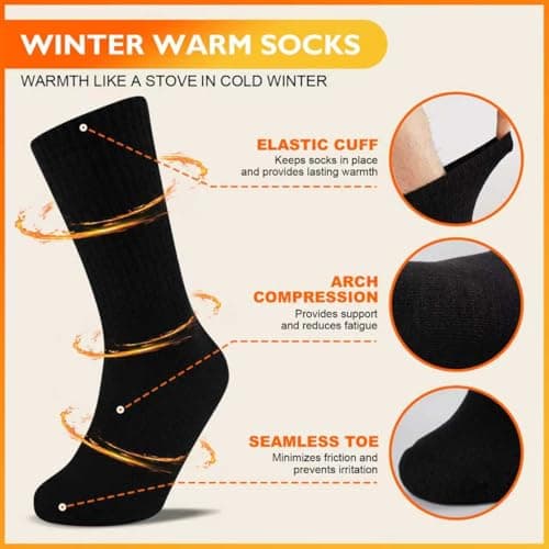 Niofind Thick Warm Thermal Socks for Men Women, Full Cushion Winter Socks, Crew Length Black Heavy Duty Heated Cotton Boot Sock for Work Outdoor Walking, Hiking, Running, Black, 9-12, 3 Pairs — view 3