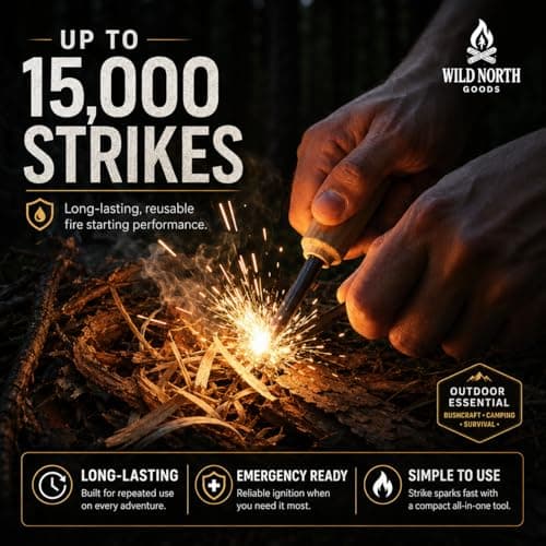 Wild North Goods Fire Starter Kit - Ferro Rod, Striker, Tinder Rope, Bellow & Bag - Survival Gear for Camping, Bushcraft, Hiking & Emergency Use (15,000+ Strikes) — view 2