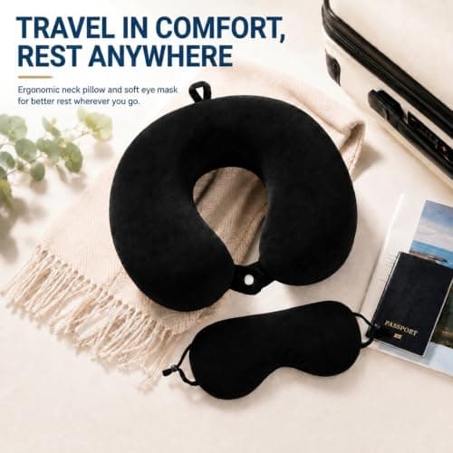 RAINFLOW Travel Neck Pillow Set - Black Memory Foam Cushion with Eye Mask — view 2