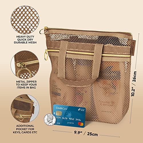 DV Lifestyle Mesh Shower Bag 25 x 26cm Caddy with Zipper & 2 Pockets. Quick-Dry Portable Toiletry Tote for Bathroom, Gym, Travel, Camp, Beach, for Sunscreen, Dorm & College Essentials (Brown) — view 2