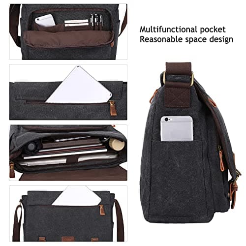 S-ZONE Men's Messenger Bag Crossbody Shoulder 14-17.3Inch Laptop Vintage Canvas Briefcase Satchel for Work School Traveling Daily Use Multiple Pocket — view 4