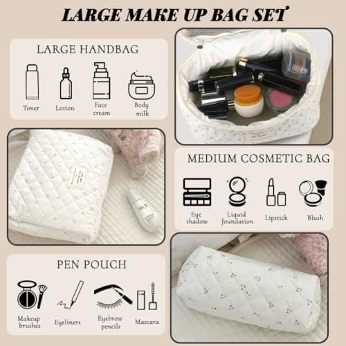 Aucuu 3PCS Coquette Makeup Bag, Quilted Makeup Bag for Women, Floral Cotton Cosmetic Bag Set, Large Capacity Aesthetic Floral Toiletry Bag, Travel Toiletry Bag, Wash Organizer Pouch for Women Girls — view 3