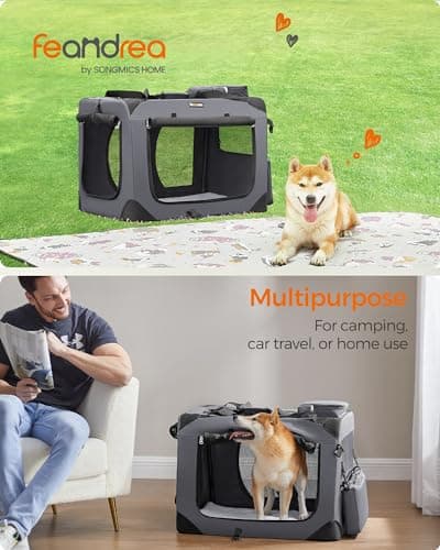 Feandrea Foldable Pet Carrier Bag, Portable Dog Travel Crate, Soft Sided Dog Cat Pet Travel Carrier Large Dog Crate for Car with Breathable Mesh and Storage Pockets, 70 x 52 x 52 cm, Grey PDC70GY — view 2