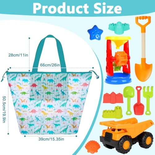 LAHAQIQI Extra Large Mesh Beach Toy Tote Bag with Drawstring- Foldable Lightweight Swimming Travel & Summer Essentials for Women Kids (Green Dino) — view 3