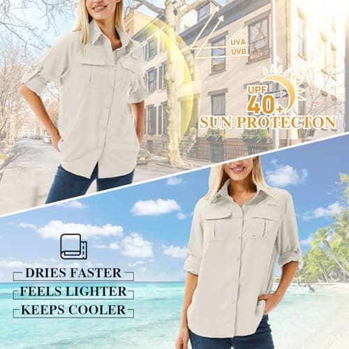 Winebox Women's UPF 50 Shirts Long Sleeve Sun Protection UV Quick Dry Casual Outdoor Safari Walking Fishing Hiking Travel Shirts(Light Khaki-l) — view 5
