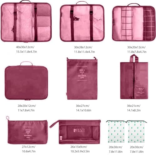 Rynli Compression Packing Cubes for Suitcases 10 Pcs, Waterproof Travel Organiser Packing Cubes Compression Set for Clothes, Shoes & Toiletries Luggage Storage Bags for Men & Women (Wine Red) — view 4
