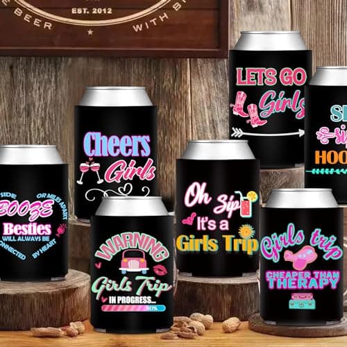 HAPPARTY Weekend Girls Trip Theme Can Cooler Sleeves 8Pcs, Hot Pink Babe Girls Insulated Bottle Beverage Cold Drink Holder for Birthday Bachelorette Weekend Trip Party Can Cover Decorations — view 5