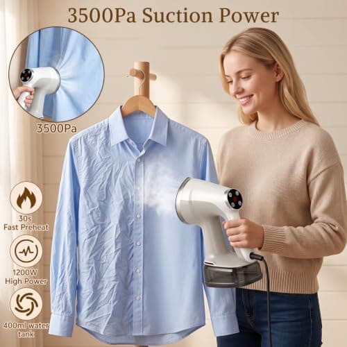 Handheld Garment Vacuum Steamer for Clothes, 3600Pa Suction Wrinkle Remover, Fast 30s Heat-Up, 2 Steam Modes, 400ml Tank, One-Hand Operation for Home Travel Wedding Gown — view 2