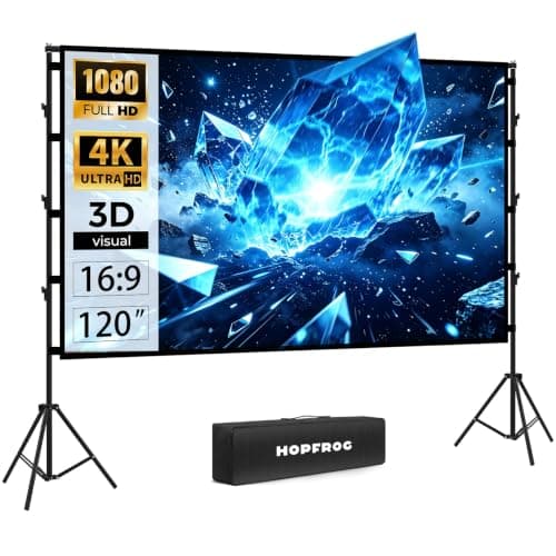 HOPFROG 120 Inch Projector Screen with Stand, 4K HD Wrinkle-Free Portable Movie Screen, 5-Min Easy Setup for Outdoor Backyard Movie Nights & Camping, Includes Carry Bag & Windproof Sandbags