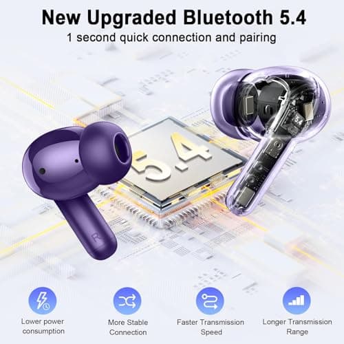Wireless Earbuds, 2026 Bluetooth 5.4 Headphones in Ear with 6D Deep Bass Stereo Ear Buds, Wireless Headphones Noise Cancelling 4 ENC Mic, Bluetooth Earphones 36H Playtime/IP7 Waterproof/USB-C, Purple. — view 2