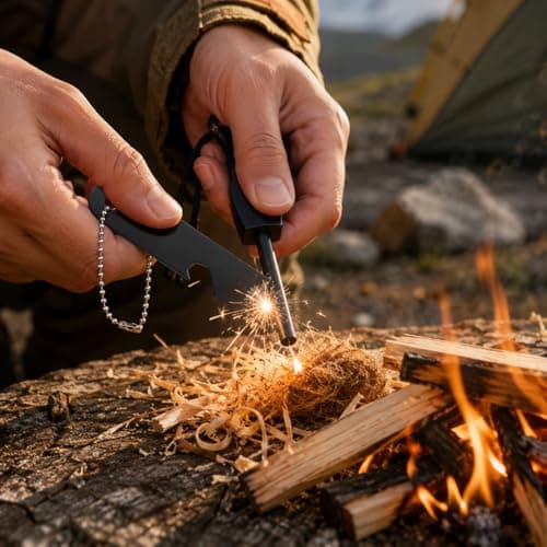 Eowppue Flint Scrapers 10 Pack, High Carbon Steel Fire Starter Strikers with Serrated Edge, Bottle Opener and Ball Chain, Compact 10 g Camping Hiking Survival Gear — view 2
