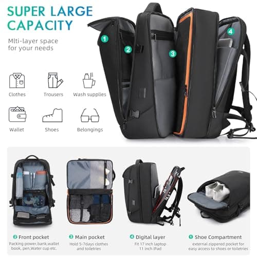 TANGCORLE Travel Carry on Backpack 50L Expandable Flight Approved Backpacks 17.3 inch Laptop and USB Charging Port bags Water Resistant Business Back Pack for Women & Men — view 3
