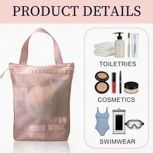 Mesh Toiletry Bags for Women, Shower Caddy Portable, Pink Mesh Shower Bag, Quick Dry Lightweight Camping Shower Bag with Reinforced Handle, Multi-Pocket Organizer Bag for Travel, Gym, Beach and Dorm — view 5
